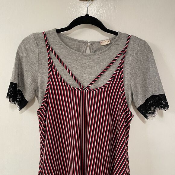 Hem & Thread Striped Mini Slip Overlay T-Shirt Dress Gray Red Small - Picture 3 of 10